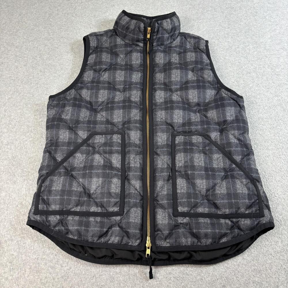 J Crew Down Vest Women Medium Gray Plaid Quilt Puffer Outdoor Full Zip Heritage